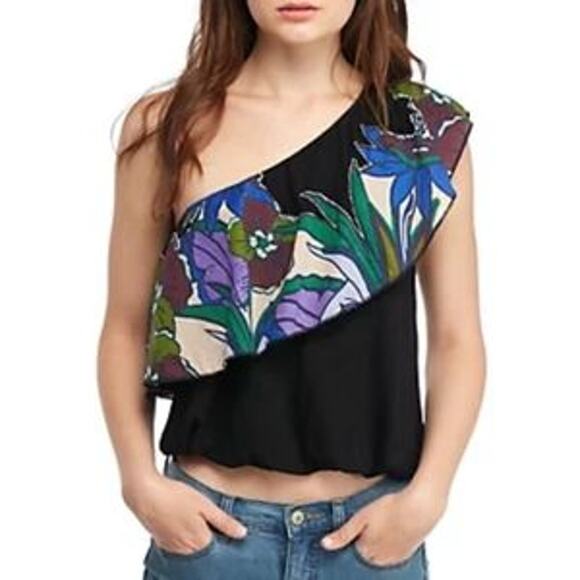 Free People Annka One Shoulder Black Summer Floral Knit Top Size Large - Picture 1 of 9